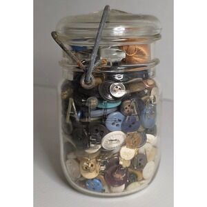 Vintage Button Lot in Glass Jar Sewing Notions Plastic Metal Coat Buttons